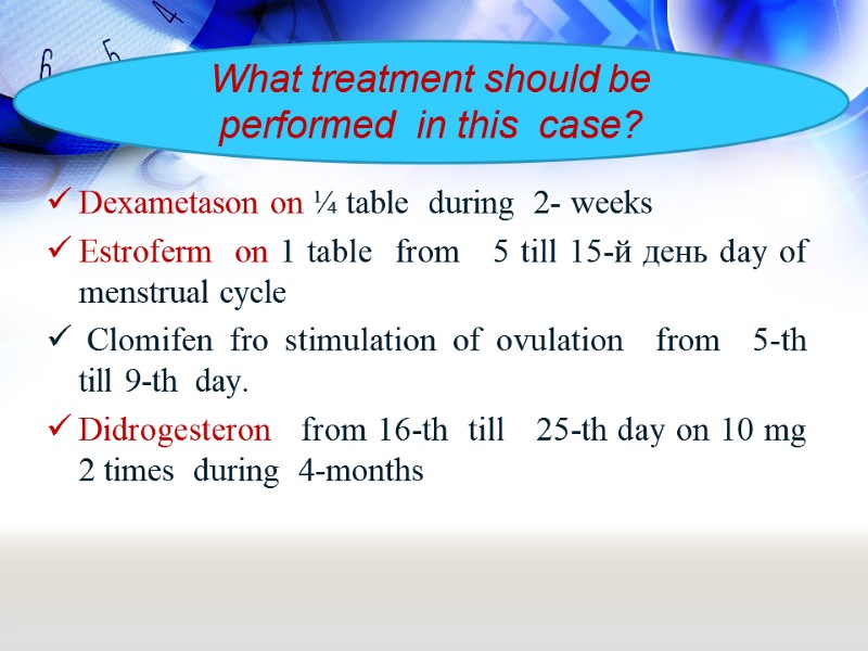 Dexametason on ¼ table  during  2- weeks Estroferm  on 1 table